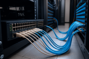 Data center moderno com switch rack-mounted e cabos de fibra óptica organizados, representando a evolução das redes de data centers