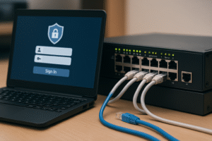 Imagem mostrando a autenticação de rede com Ethernet 802.1X, destacando um laptop com tela de login e um switch de rede