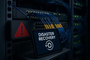 Equipamento de rede com tablet exibindo mensagem de recuperação de desastres em data center