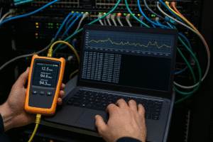 Técnico de redes analisando latência com equipamento de teste em rack de servidores corporativos