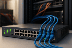 Switch gerenciável com cabos conectados e LEDs ativos em ambiente de datacenter.