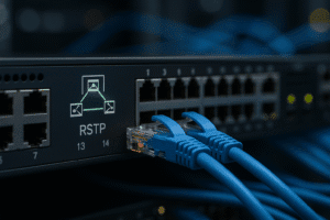 Close-up de switch de rede com LEDs iluminados e conectores Ethernet, representando o protocolo RSTP