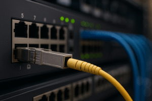Transceptor SFP em switch Ethernet com cabo de fibra óptica amarelo, destacando a conectividade Gigabit Ethernet em rede corporativa.