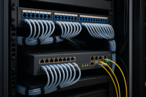 Cabeamento estruturado organizado em rack de rede com patch panel, switch Ethernet e cabos azuis conectados.