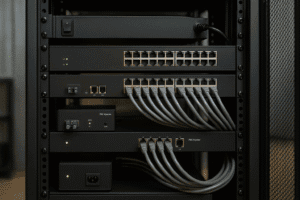 Rack Ethernet com switches, conversores de mídia e injetores PoE organizados