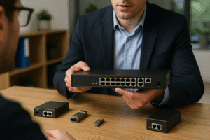Profissional apresentando soluções de rede IRD.Net com switch Ethernet, conversores de mídia, SFPs e injetor PoE sobre mesa em ambiente corporativo.