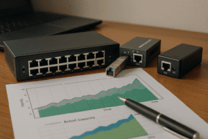 Switch de 8 portas, módulo SFP e injetor PoE com gráfico de capacidade