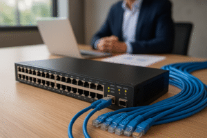 Switch Ethernet corporativo conectado em ambiente executivo com foco em infraestrutura de rede
