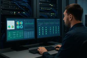 Profissional de TI monitorando infraestrutura de rede remotamente em data center moderno.