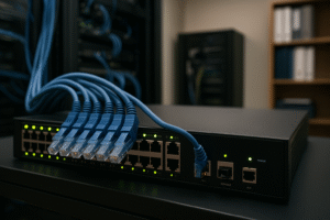Switch Ethernet corporativo com cabos conectados em rack de servidor