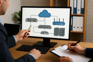 Profissionais analisando diagrama de rede em tela de computador