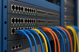 Cabos Ethernet azuis, amarelos e laranja conectados a switches gerenciáveis