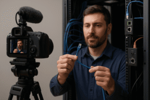 Profissional grava vídeo técnico sobre cabo Ethernet com câmera DSLR em ambiente com switches e injetores PoE