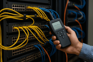 Técnico utilizando testador digital para diagnóstico em switch Ethernet gerenciado