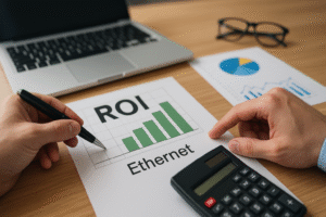 Mãos usando calculadora e analisando gráfico de ROI sobre infraestrutura Ethernet, com laptop e relatórios financeiros ao fundo.