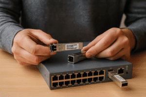 Técnico instalando módulo SFP em switch de rede com as mãos visíveis