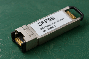 Módulo transceptor SFP56 sobre placa de circuito impresso, com carcaça metálica e etiqueta visível.