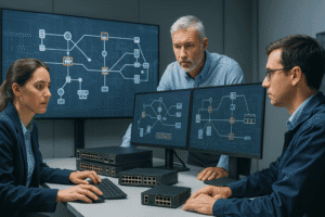 Engenheiros de rede analisando protocolos de redundância em switches industriais em sala de controle técnico