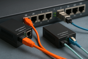Conversores de mídia IRD.Net conectados a switch Ethernet sobre superfície azul