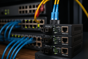 Conversores de mídia IRD.Net empilhados com switches ao fundo
