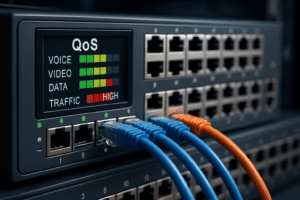 Switch Ethernet com QoS priorizando tráfego de rede crítica