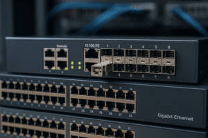  Switches Ethernet Gigabit e 10G lado a lado em rack de rede