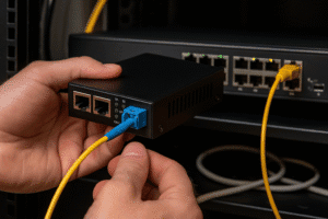 Instalação de conversor de mídia em rack de rede Mãos conectando cabo de fibra óptica em conversor de mídia