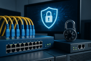 Switch de rede com cadeado e monitor exibindo escudo digital