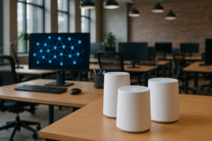 Roteadores mesh em escritório corporativo moderno