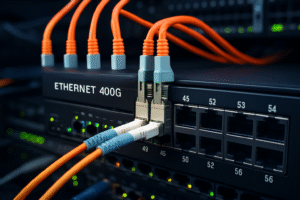 Close-up de um switch Ethernet 400G em um data center, com cabos de fibra óptica laranja conectados às portas, destacando a alta performance e capacidade de transmissão de dados.