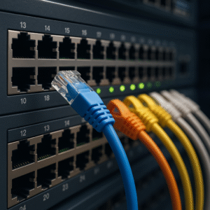Close-up de switch de rede Ethernet com cabos azuis, laranja, amarelo e branco conectados a portas, com LEDs iluminados