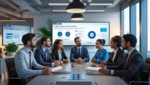 Profissional apresentando soluções de rede IRD.Net com switch Ethernet, conversores de mídia, SFPs e injetor PoE sobre mesa em ambiente corporativo.