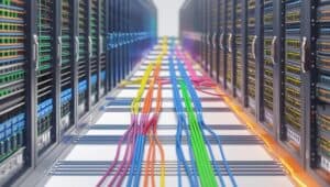 Cabo de rede colorido organizado em racks de servidores de data center