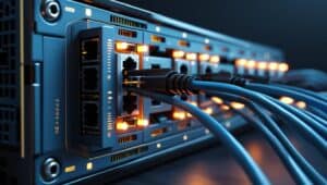 Switches Ethernet em rack com cabeamento azul organizado