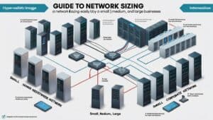 Ilustração hiper-realista mostrando dimensionamento de redes Ethernet para empresas pequenas, médias e grandes, com servidores, switches e conexões entre equipamentos.