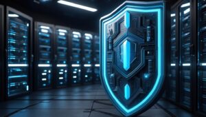 Escudo digital futurista representando segurança de dados em ambiente de data center corporativo