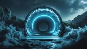 Representação visual hiper-realista de um túnel digital azul saindo de um notebook, simbolizando o conceito de conexão segura via VPN