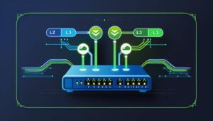 Close-up de switches L2 e L3 conectados em rack de rede corporativa