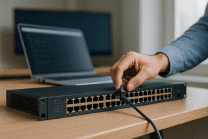 Técnico conectando cabo Ethernet em switch gerenciável com notebook rodando CLI ao fundo