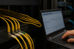 Close-up de testes de desempenho LACP em switch Ethernet com múltiplos cabos conectados e gráfico em tela de notebook