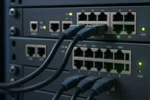 Conexão de switches Ethernet com agregação de links via IEEE 802.3ad (LACP), com cabos conectados e LEDs ativos