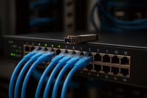 Switch gerenciável com múltiplas conexões Ethernet e módulo SFP, ilustrando agregação de links via LACP em ambiente de data center.