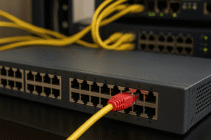 Cabo de rede com conector vermelho mal conectado a switch Ethernet, representando erro de configuração VLAN 802.1Q