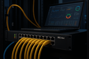 Switch IRD.Net com cabos Ethernet conectados e laptop exibindo painel SNMP em rack de servidor