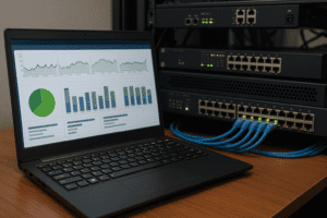Interface de monitoramento SNMP em laptop ao lado de switches gerenciáveis IRD.Net