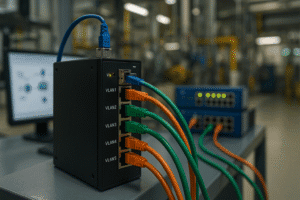 Switch industrial com portas VLAN conectadas por cabos coloridos em ambiente fabril.