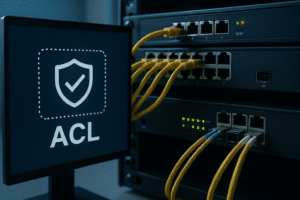 Switches de rede com monitor exibindo ACLs ativas em ambiente corporativo seguro