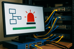 Monitor SNMP com alarme de rede ativo ao lado de switch Ethernet IRD.Net