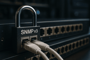 Switch Ethernet com SNMP v3 protegido por cadeado, representando segurança de rede em ambiente corporativo.