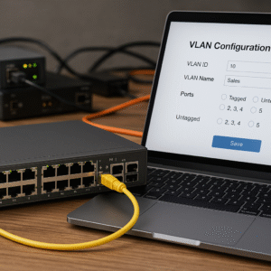 Switch gerenciável sendo configurado com VLAN 802.1Q via laptop em ambiente corporativo